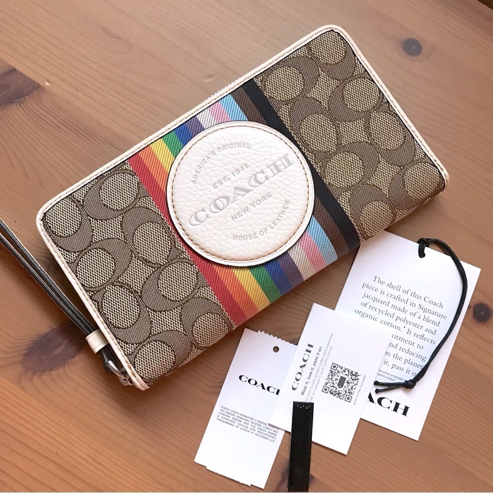 🌈 Coach Dempsey Large Phone Wallet Signature Jacquard Rainbow Stripe Patch